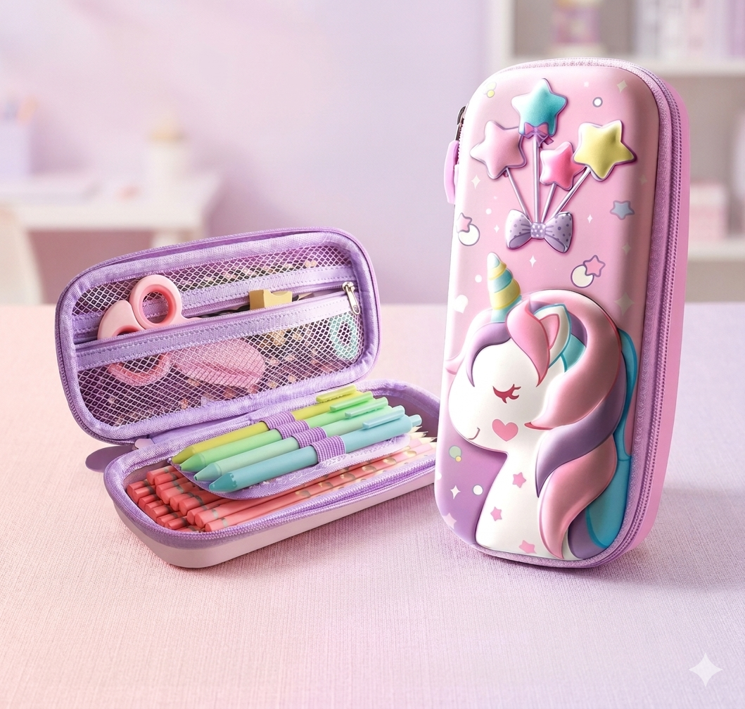 3D Unicorn Cover Large Capacity Pencil Case Compass with Compartments, School Supply Organizer for Students, Stationery Box, Cosmetic Zip Pouch Bag (1 Unit)