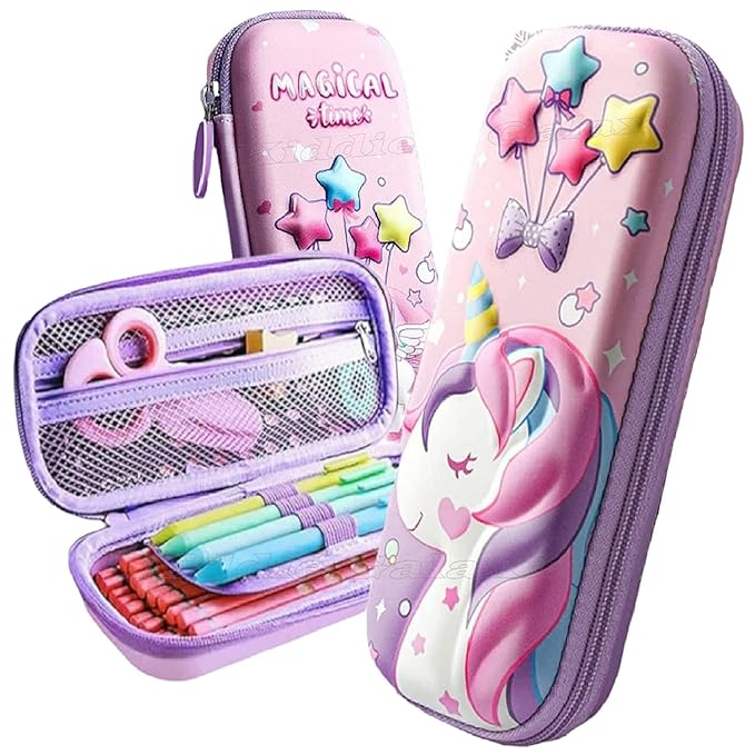 3D Unicorn Cover Large Capacity Pencil Case Compass with Compartments, School Supply Organizer for Students, Stationery Box, Cosmetic Zip Pouch Bag (1 Unit) - Royal Basket
