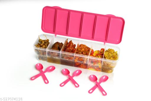  6-in-1 Masala Box for Kitchen, Airtight BPA-Free Plastic 6 Section Storage Container with 6 Spoons, 1800 ml Transparent Pickle Box for Spices, Dry Fruits, Snack (Pack of 1) (pink) - Royal Basket