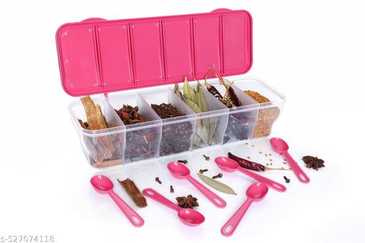  6-in-1 Masala Box for Kitchen, Airtight BPA-Free Plastic 6 Section Storage Container with 6 Spoons, 1800 ml Transparent Pickle Box for Spices, Dry Fruits, Snack (Pack of 1) (pink) - Royal Basket