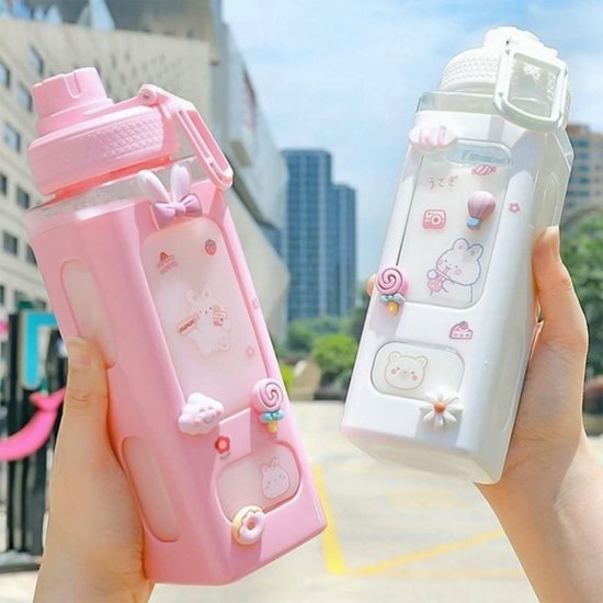 Kawaii Water Bottle with Straw and Sticker |Large Kawaii Water Bottle With Straw And 3D Stickers Cute Aesthetic Bottle| Kawaii Bear Water Bottle | Large Sport Plastic Portable Square Drinking Bottle for Girl | Kawaii Water Bottle with Straw