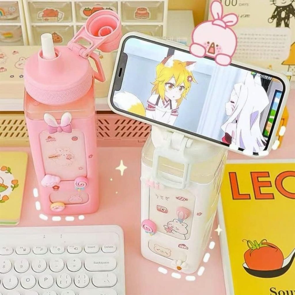 Kawaii Water Bottle with Straw and Sticker |Large Kawaii Water Bottle With Straw And 3D Stickers Cute Aesthetic Bottle| Kawaii Bear Water Bottle | Large Sport Plastic Portable Square Drinking Bottle for Girl | Kawaii Water Bottle with Straw - Mehrlux 