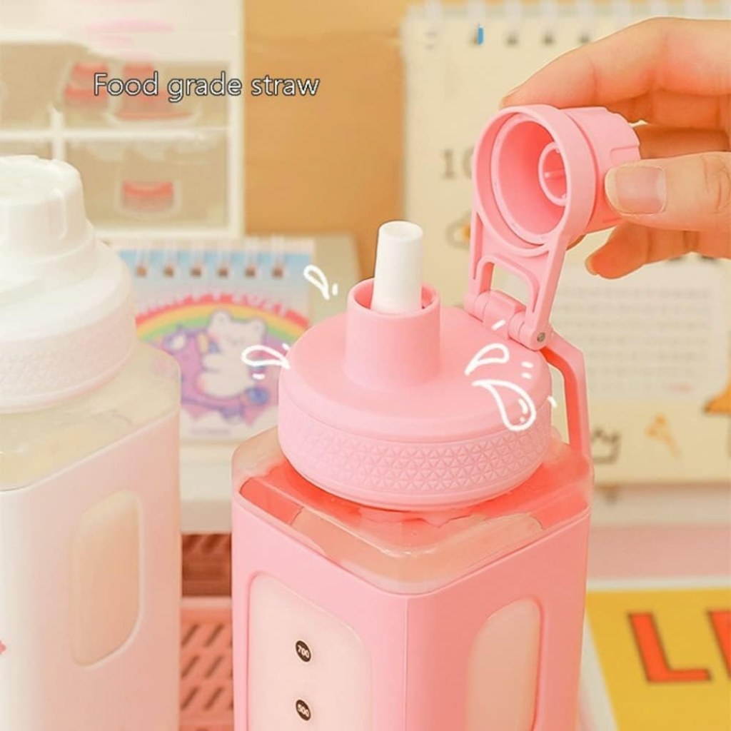 Kawaii Water Bottle with Straw and Sticker |Large Kawaii Water Bottle With Straw And 3D Stickers Cute Aesthetic Bottle| Kawaii Bear Water Bottle | Large Sport Plastic Portable Square Drinking Bottle for Girl | Kawaii Water Bottle with Straw - Mehrlux 