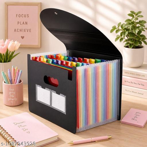 Expandable File Folder Organizer, 24 Pockets, A4 Size Document Storage, Waterproof Polypropylene Material, Blank Labels, Pen Slot, Name Card Slot, Flexible Buckle (Black - 24 Pockets) - My Health Plan