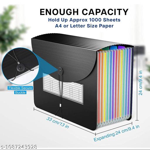 Expandable File Folder Organizer, 24 Pockets, A4 Size Document Storage, Waterproof Polypropylene Material, Blank Labels, Pen Slot, Name Card Slot, Flexible Buckle (Black - 24 Pockets) - My Health Plan