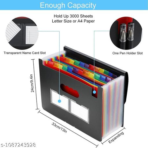 Expandable File Folder Organizer, 24 Pockets, A4 Size Document Storage, Waterproof Polypropylene Material, Blank Labels, Pen Slot, Name Card Slot, Flexible Buckle (Black - 24 Pockets) - My Health Plan