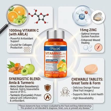 VITAMIN C CHEWABLE TABLETS  |  തിളങ്ങുന്ന ചർമ്മം . ആരോഗ്യമുള്ള സന്ധികൾ ശക്തമായ പ്രതിരോധ സംവിധാനങ്ങൾ എന്നിവയെ പിന്തുണക്കുന്നതിനാണ് . വിറ്റാമിൻ c ചർമ്മത്തിന്റെയും സന്ധികളുടെയും ആരോഗ്യത്തിനു കൊളാജൻ ഉൽപാദനത്തെ സഹായിക്കുന്നു . അതെസമയം സിങ്ക് രോഗപ്രതിരോധ പ്രവർത്തനവും മൊത്തത്തിലുള്ള ചൈതന്യവും വർധിപ്പിക്കുന്നു . സമ്പന്നമായ ആന്റി ഒക്സിടന്റായ അംല ശരീരത്തെ പുനരുജ്ജീവിപ്പിക്കുന്നു , മഞ്ഞളിന്റെ ആൻറീ ഇൻഫ് ലമേറ്ററി  ഗുണങ്ങൾ സംയുക്ത സുഖവും ചലനവും പ്രോത്സാഹിപ്പിക്കുന്നു . - My Health Plan