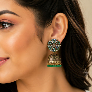 Antique Golden Jhumka Earrings with Green Stone Floral Top - Myshopic 