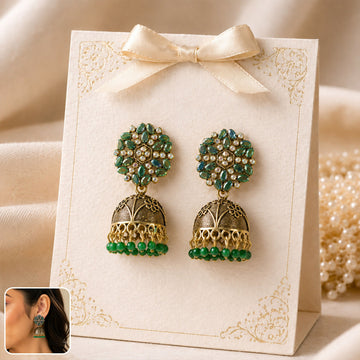 Antique Golden Jhumka Earrings with Green Stone Floral Top - Myshopic 