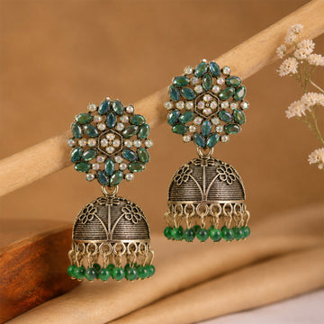 Antique Golden Jhumka Earrings with Green Stone Floral Top - Myshopic 