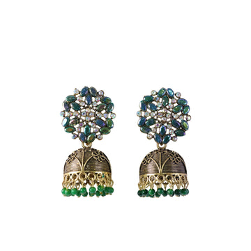Antique Golden Jhumka Earrings with Green Stone Floral Top - Myshopic 