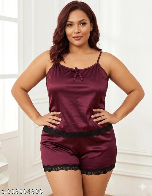 Women’s Luxury Wine Satin Nightwear Set – Elegant Camisole with Lace Trim Shorts - Velora online store 