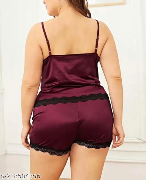 Women’s Luxury Wine Satin Nightwear Set – Elegant Camisole with Lace Trim Shorts - Velora online store 