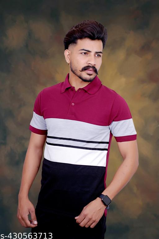 Men Striped Polo Neck Cotton Blend Multicolor T-Shirt | polo shirts | striped shirts | Cotton T shirt |  striped T shirt  - Velora online store 