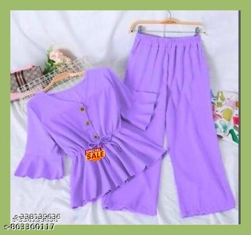 Girl's 3/4 Sleeve Crepe Clothing Set || Girl's Solid Printed Daily Wear Top and Bottom Set || Girl's Top and Palazzo Set