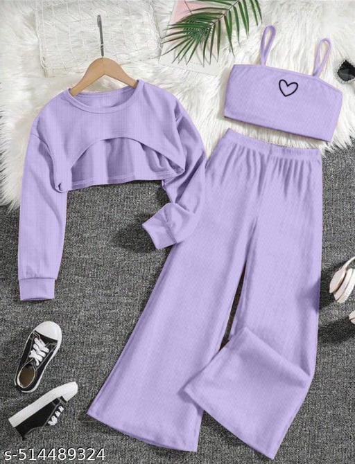 Girl's 3 Piece Heart Print Cami Top Long Sleeve Round Neck High Low Hem Top and Wide Leg Pants Sets |