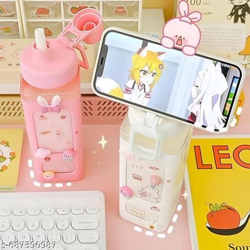 Stay Refreshed and Stylish with Kawaii Bear Water Bottle With Convenient Straw, and 3d Sticker, High Quality Fancy Kids Water bottle - Pack of 1 | Best Kids Water Bottle ( PINK COLOUR WITH 3D AND 2D STICKER , 700 Ml ) - Velora online store 
