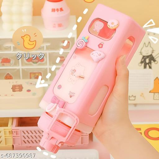 Stay Refreshed and Stylish with Kawaii Bear Water Bottle With Convenient Straw, and 3d Sticker, High Quality Fancy Kids Water bottle - Pack of 1 | Best Kids Water Bottle ( PINK COLOUR WITH 3D AND 2D STICKER , 700 Ml ) - Velora online store 