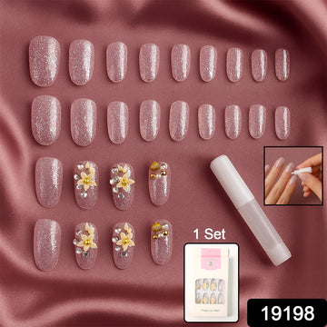 Glitter 3D Floral Press-On Nail Tips with Glue – 26 Nails Set - Velora online store 
