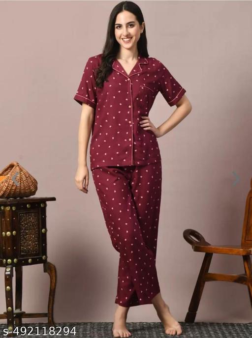 Meroon night suit Night Suits for Women, Night Dresses for Women, Pyjama Set for Women, Cotton Night Suit for Women, Night Wear for Women, Lounge Wear Set for Women - Printed Shirt & Pyjama  for ladies and girl(pack of 1) - Velora online store 