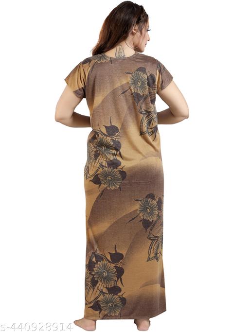 Stylish Comfortable Women's Soft Breathable Floral Printed Hosiery Cotton Half Sleaves Ladies Maternity Front Zip Long Night Dress Nightwear Nighty Maxi Gown Nighty with Embroidery Neck design for Women (Brown) - Velora online store 