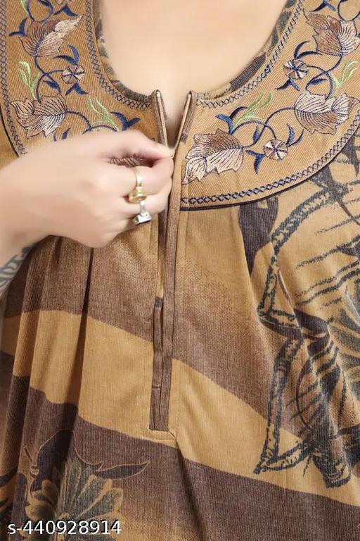 Stylish Comfortable Women's Soft Breathable Floral Printed Hosiery Cotton Half Sleaves Ladies Maternity Front Zip Long Night Dress Nightwear Nighty Maxi Gown Nighty with Embroidery Neck design for Women (Brown) - Velora online store 