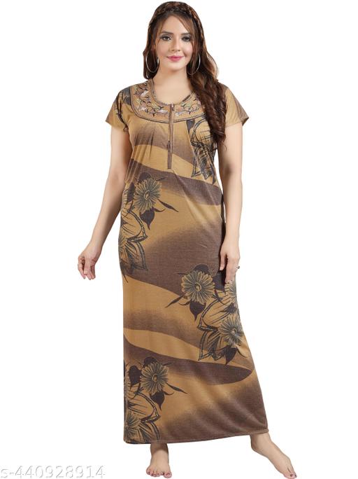 Stylish Comfortable Women's Soft Breathable Floral Printed Hosiery Cotton Half Sleaves Ladies Maternity Front Zip Long Night Dress Nightwear Nighty Maxi Gown Nighty with Embroidery Neck design for Women (Brown) - Velora online store 