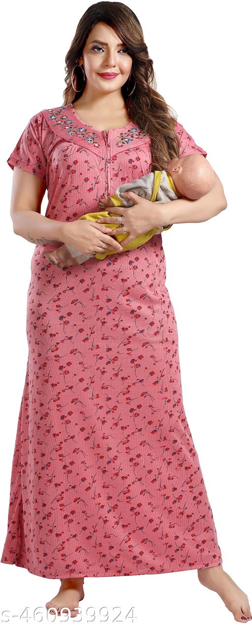 Stylish Comfortable Women's Soft Breathable Floral Printed Hosiery Cotton Half Sleaves Ladies Maternity Front Zip Long Night Dress Nightwear Nighty Maxi Gown Nighty with Embroidery Neck design for Women (Pink) - Velora online store 