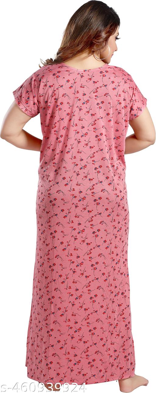 Stylish Comfortable Women's Soft Breathable Floral Printed Hosiery Cotton Half Sleaves Ladies Maternity Front Zip Long Night Dress Nightwear Nighty Maxi Gown Nighty with Embroidery Neck design for Women (Pink) - Velora online store 