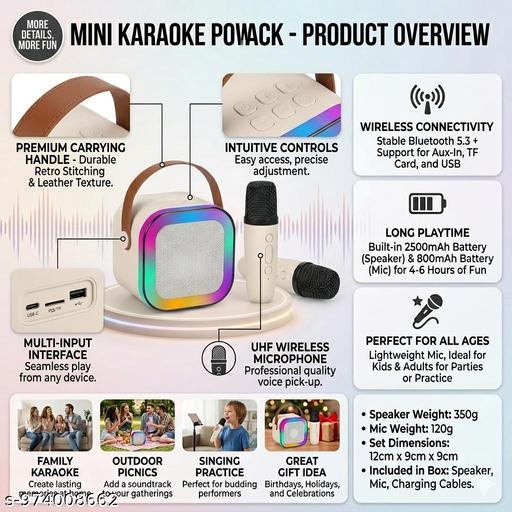 Premium Mini Karaoke Bluetooth Speaker with Wireless Microphone & RGB LED Lights, Portable Party Speaker for Kids & Adults (Set of 1) - Velora online store 