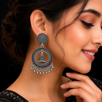 Oxidised Silver Chandbali Jhumka Earrings for Women - Ethnic Boho - Velora online store 