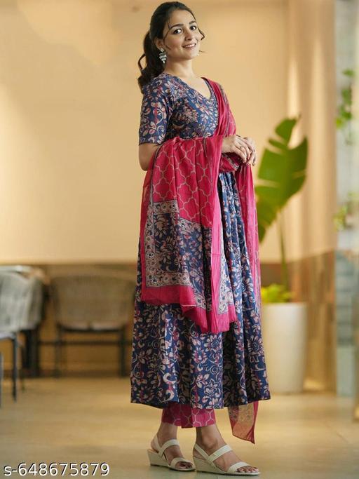 RangYatra Collection Women Printed Anarkali Kurta and Pant Set with Dupatta|| kurta set for women||printed kurta set for women||stylish kurta sets for women||floral kurta set||cotton kurta set for women - Velora online store 