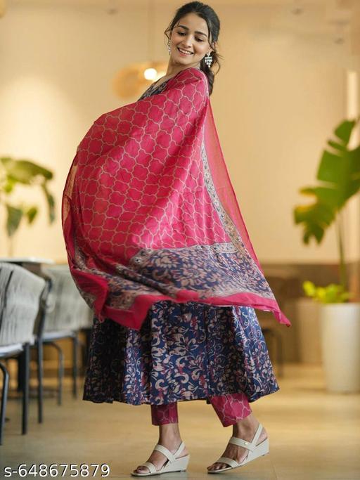 RangYatra Collection Women Printed Anarkali Kurta and Pant Set with Dupatta|| kurta set for women||printed kurta set for women||stylish kurta sets for women||floral kurta set||cotton kurta set for women - Velora online store 