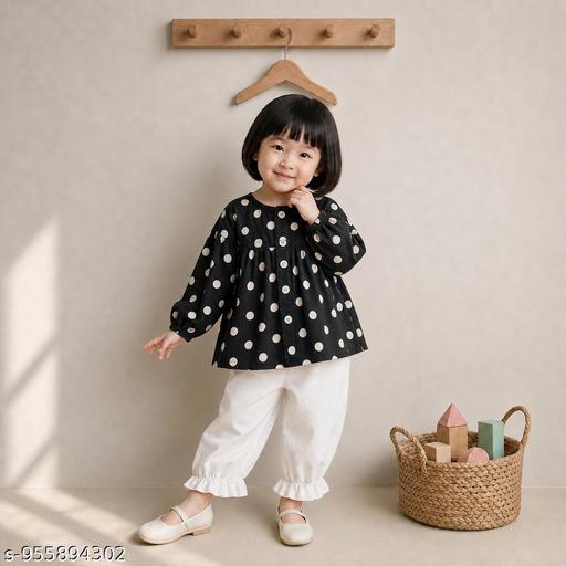 Fancy Polka Dot Girls Tunic & Trouser Set – Premium Cotton Blend Top with White Frill Pants – Stylish Kids Wear Combo in Mustard, Rani Pink, Black, and Pastel Pink - Velora online store 