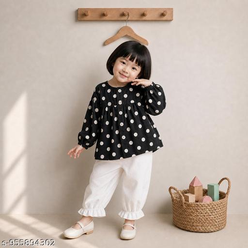 Fancy Polka Dot Girls Tunic & Trouser Set – Premium Cotton Blend Top with White Frill Pants – Stylish Kids Wear Combo in Mustard, Rani Pink, Black, and Pastel Pink - Velora online store 