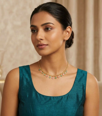Pastel Beaded Gold Charm Necklace – Soft Pink Green Elegant Designer Jewelry - Velora online store 