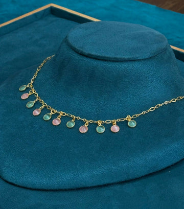 Pastel Beaded Gold Charm Necklace – Soft Pink Green Elegant Designer Jewelry - Velora online store 