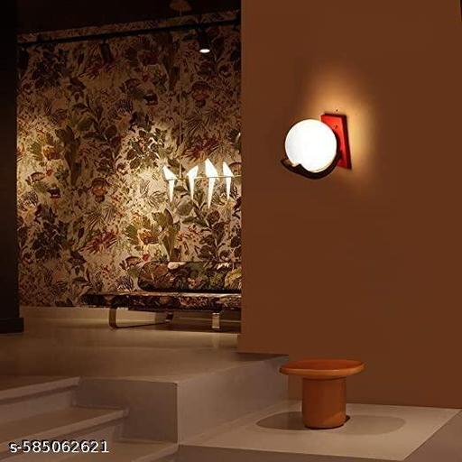 Kalawall Sarp Orange Colour Globe Shape Decorative Wall Light, Globe Glass Shade with Wooden Mount, Orange E27 Holder(Without Bulb) - Velora online store 