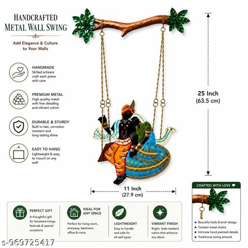Lord Krishna Swing Wall Art 25x11 Inch | Decorative Metal Wall Hanging for Living Room - Velora online store 
