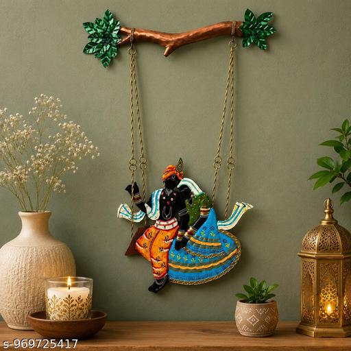 Lord Krishna Swing Wall Art 25x11 Inch | Decorative Metal Wall Hanging for Living Room - Velora online store 