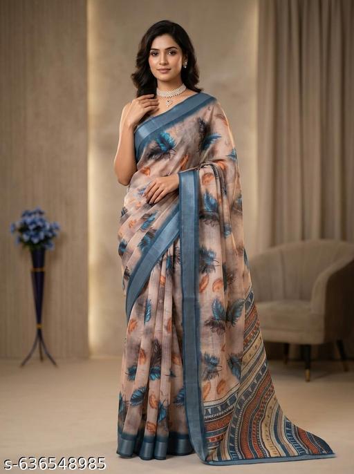 Latest Cotton Linen Saree for Women with Blouse Piece|Lightweight Feather Print Saree|Daily Wear,Office Wear & Casual Ethnic Saree|Handloom Look Summer Friendly Saree|Trendy Designer Printed Cotton Linen Saree|Breathable Comfortable Saree for Hot Weather| Stylish Saree for Work Festive - Velora online store 