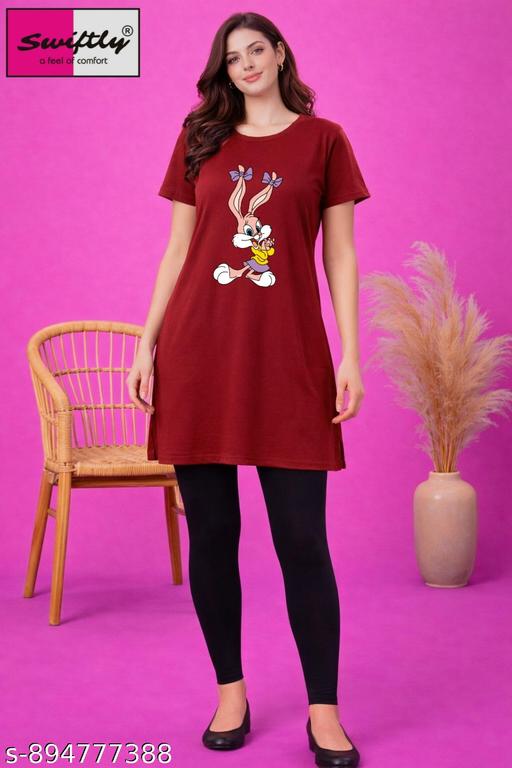Women's Pure Cotton Long Polo Bunny DTF Print Round Neck Half Sleeve T-shirts - Velora online store 