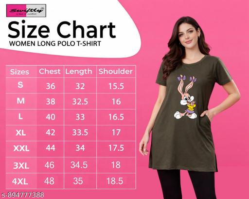 Women's Pure Cotton Long Polo Bunny DTF Print Round Neck Half Sleeve T-shirts - Velora online store 