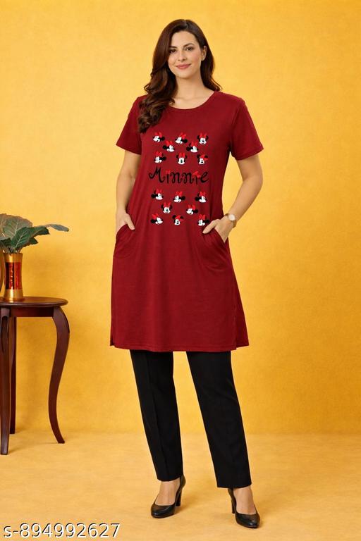 Women's Pure Cotton Long Polo Minniy DTF Print Round Neck Half Sleeve T-shirts - Velora online store 