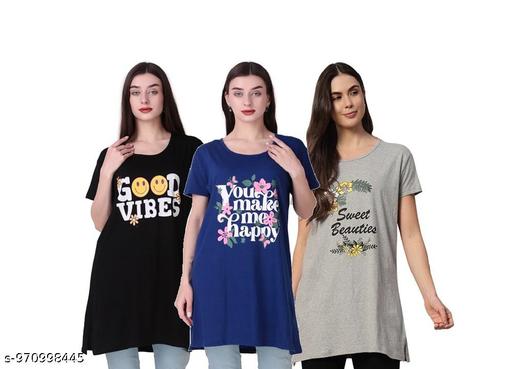 Women Casual Printed Long T-Shirt Combo | Stylish T-Shirt Dress for Women | Comfortable Summer Wear Tshirt Pack of 3 - Velora online store 