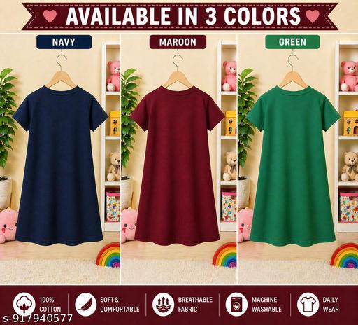 Girls Cotton T-Shirt Dress Combo Pack of 3 | Soft & Breathable Kids Daily Wear Dress | A-Line Casual Frock for Girls - Velora online store 