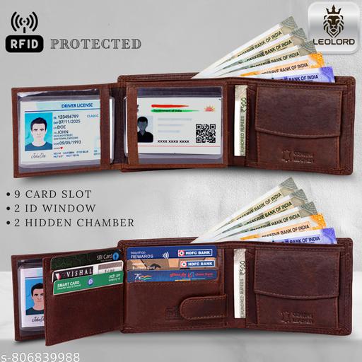 LEOLORD™ RFID Protected Genuine Leather Wallet for Men | Slim Bi-Fold Wallet with 9 Card Slots, 2 ID Windows & Coin Pocket | Brown - Velora online store 