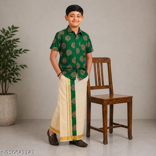 Boys Matching Half Sleeves Shirt with Fancy Flexi Dhoti Combo Brave Boy - Velora online store 