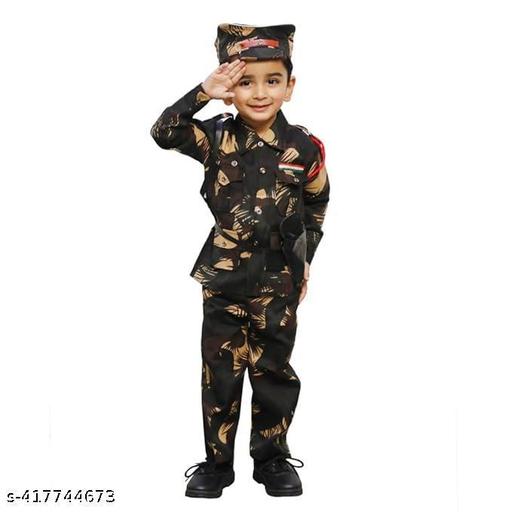 BOYS PRINTED ARMY OR BSF DRESS WITH CAP WHISTEL ROPE GUN GUN COVER FOR FANCY DRESS COMPITITION OR REGULAR WEAR - Velora online store 