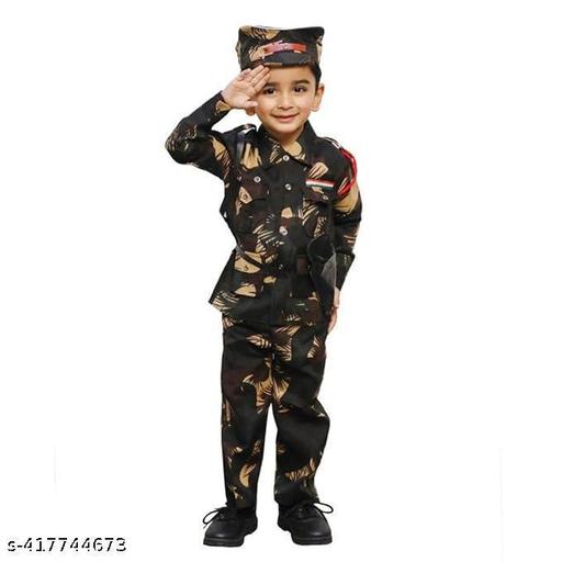 BOYS PRINTED ARMY OR BSF DRESS WITH CAP WHISTEL ROPE GUN GUN COVER FOR FANCY DRESS COMPITITION OR REGULAR WEAR - Velora online store 